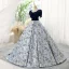 Elegant Navy Blue Printing Prom Dresses 2023 Ball Gown Square Neckline Short Sleeve Backless Floor-Length / Long Prom Formal Dresses