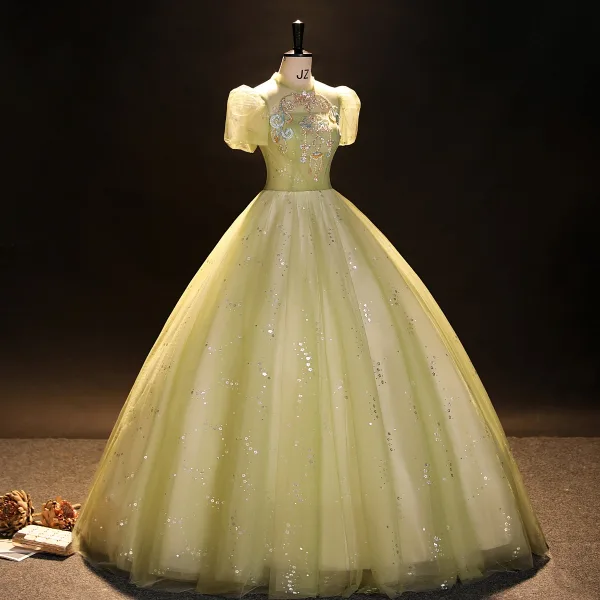 Elegant Sage Green Beading Pearl Sequins Prom Dresses 2023 Ball Gown High Neck Short Sleeve Backless Floor-Length / Long Formal Dresses