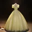 Elegant Sage Green Beading Pearl Sequins Prom Dresses 2023 Ball Gown High Neck Short Sleeve Backless Floor-Length / Long Formal Dresses