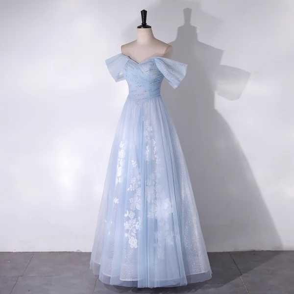Chic / Beautiful Sky Blue Flower Glitter Sequins Prom Dresses 2024 A-Line / Princess Off-The-Shoulder Sleeveless Backless Floor-Length / Long Prom Formal Dresses
