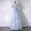 Chic / Beautiful Sky Blue Flower Glitter Sequins Prom Dresses 2024 A-Line / Princess Off-The-Shoulder Sleeveless Backless Floor-Length / Long Prom Formal Dresses