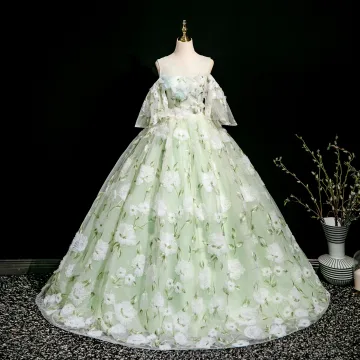 Élégant Vert Cendré En Dentelle Fleur Appliques Robe De Bal 2025 Robe Boule Encolure Dégagée Manches Courtes Dos Nu Longue Promo Robe De Ceremonie