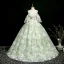 Elegant Sage Green Lace Flower Appliques Prom Dresses 2025 Ball Gown Scoop Neck Short Sleeve Backless Floor-Length / Long Prom Formal Dresses