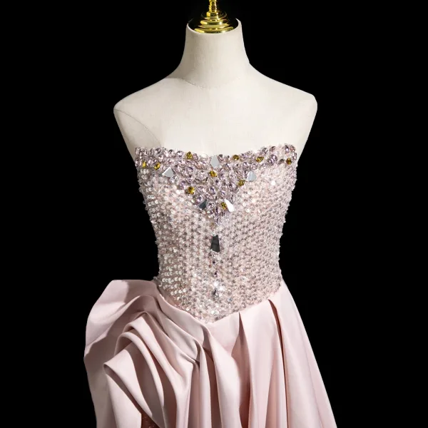Sexy Rosa Perlenstickerei Strass Pailletten Abendkleider 2025 A Linie Bandeau Ärmellos Rückenfreies Gespaltete Front Sweep / Pinsel Zug Abend Festliche Kleider