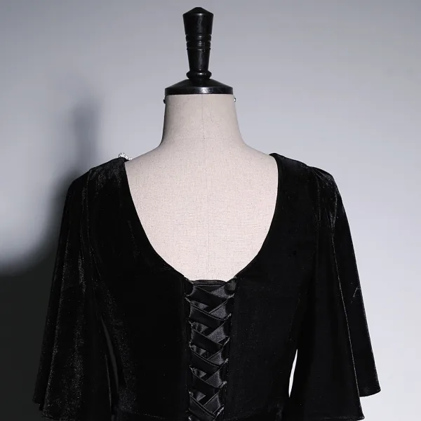 Sexy Black Solid Color Rhinestone Velvet Evening Dresses 2023 Trumpet / Mermaid V-Neck Short Sleeve Backless Floor-Length / Long Evening Party Formal Dresses
