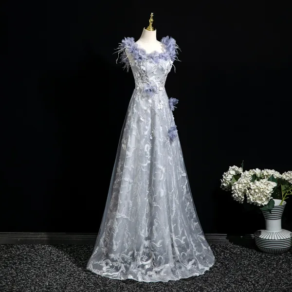 Elegante Himmelblau Perlenstickerei Applikationen Strass Pailletten Ballkleider 2025 A Linie Eckiger Ausschnitt Ärmellos Rückenfreies Lange Ball Festliche Kleider