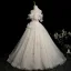 Elegant Beige Beading Sequins Appliques Prom Dresses 2025 Ball Gown Off-The-Shoulder Short Sleeve Backless Floor-Length / Long Formal Dresses