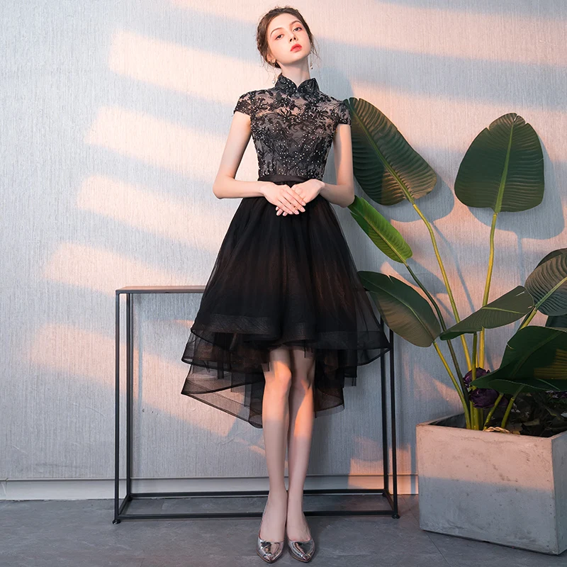Elegant Black Cocktail Dresses 2018 A-Line Princess Asymmetrical Rhinestone Embroidered