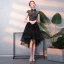 Elegant Black Cocktail Dresses 2018 A-Line / Princess Asymmetrical Rhinestone Embroidered High Neck Cap Sleeves Formal Dresses