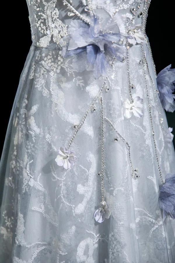 Elegante Himmelblau Perlenstickerei Applikationen Strass Pailletten Ballkleider 2025 A Linie Eckiger Ausschnitt Ärmellos Rückenfreies Lange Ball Festliche Kleider