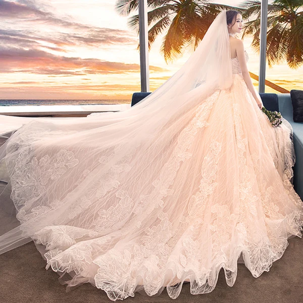 Elegant Champagne Brudekjoler Ballkjole 2018 Blonder Blomst Kjæreste Ryggløse Uten Ermer Royal Train Bryllup