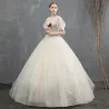 Elegant Ivory Wedding Dresses 2018 Ball Gown Beading Crystal Sequins Lace Flower Scoop Neck Short Sleeve Backless Floor-Length / Long Wedding