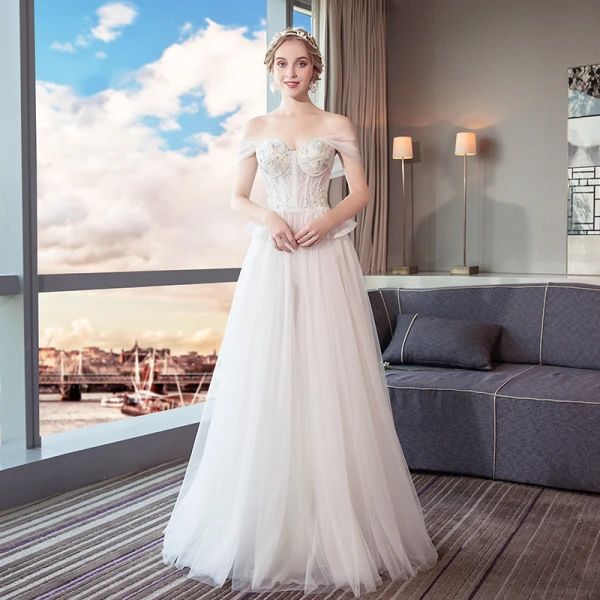 Chic / Beautiful Ivory Beach Wedding Dresses 2018 A-Line / Princess Beading Pearl Lace Flower Off-The-Shoulder Backless Sleeveless Split Front Floor-Length / Long Wedding