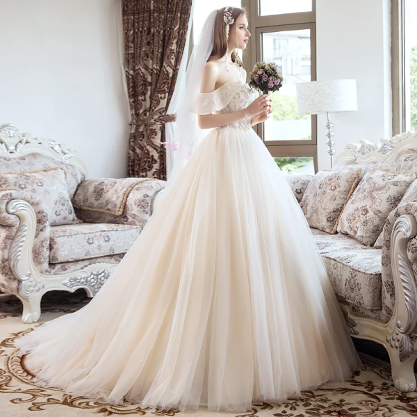 Chic / Belle Champagne Robe De Mariée 2018 Princesse Perlage Cristal Perle Faux Diamant Bustier Dos Nu Sans Manches Tribunal Train Mariage