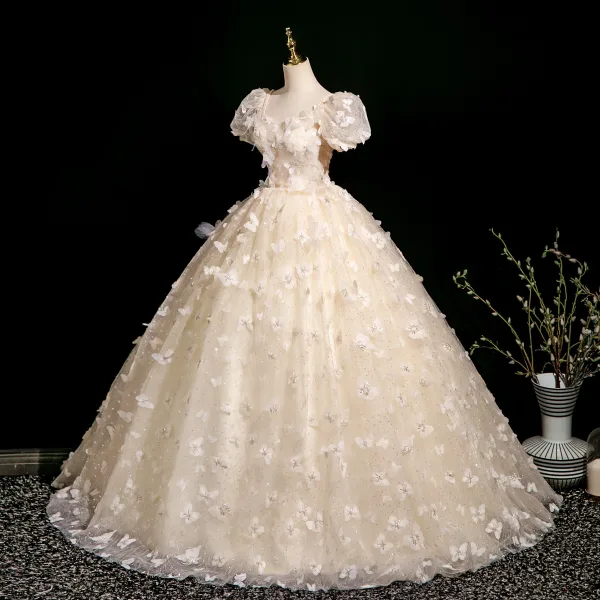 Chic / Beautiful Champagne Butterfly Appliques Beading Sequins Prom Dresses 2025 Ball Gown Square Neckline Puffy Short Sleeve Backless Floor-Length / Long Prom Formal Dresses