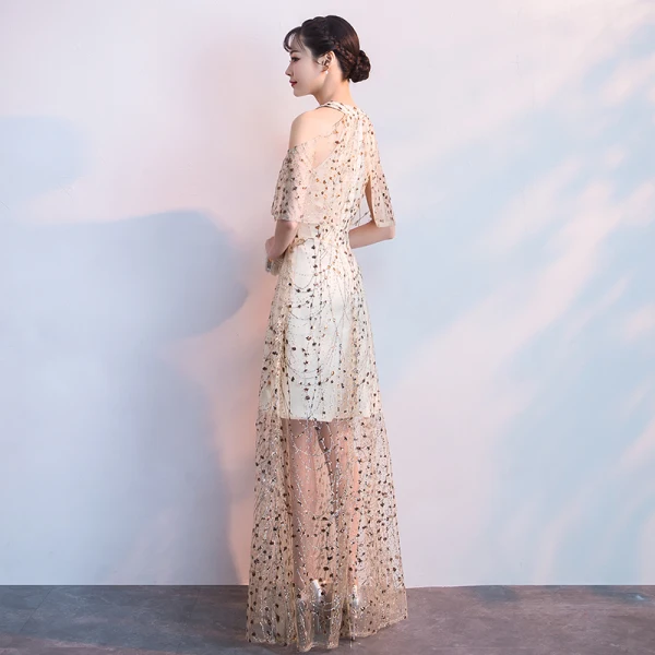 Sexy Champagne Evening Dresses  2018 A-Line / Princess Glitter Sequins Scoop Neck Strapless Sleeveless Floor-Length / Long Formal Dresses
