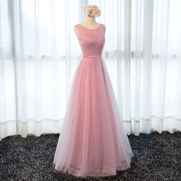 Schöne Pink Ballkleider 2018 A Linie Schleife Perle Stoffgürtel Rundhalsausschnitt Rückenfreies Ärmellos Lange Festliche Kleider