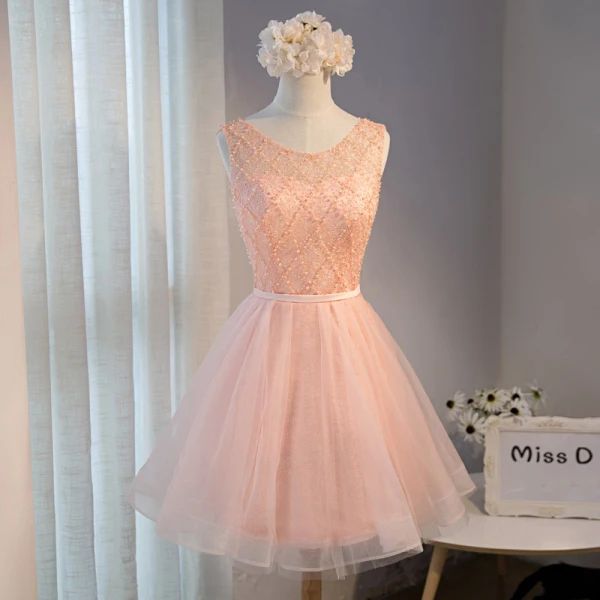 Chic / Beautiful Grey Summer Homecoming Graduation Dresses 2018 A-Line / Princess Beading Pearl Sash Scoop Neck Backless Sleeveless Short Formal Dresses