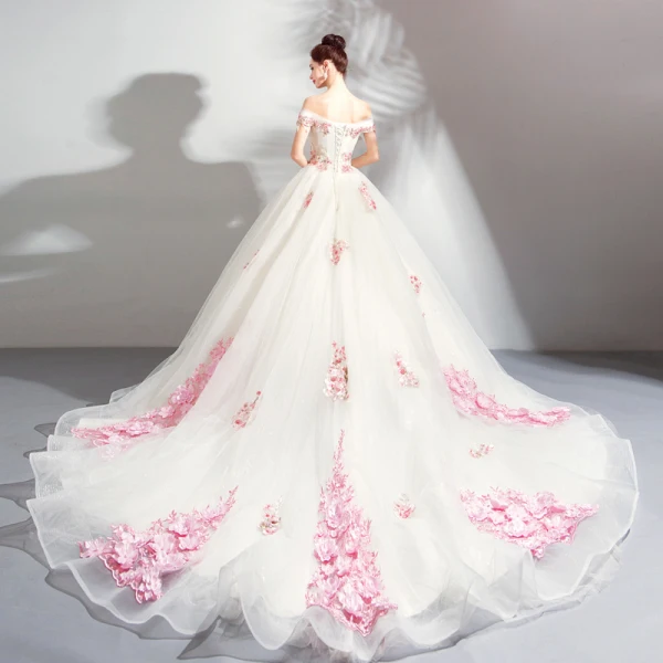 Chic / Beautiful White Wedding Dresses 2018 Ball Gown Appliques Lace Embroidered Pearl Off-The-Shoulder Backless Sleeveless Chapel Train Wedding