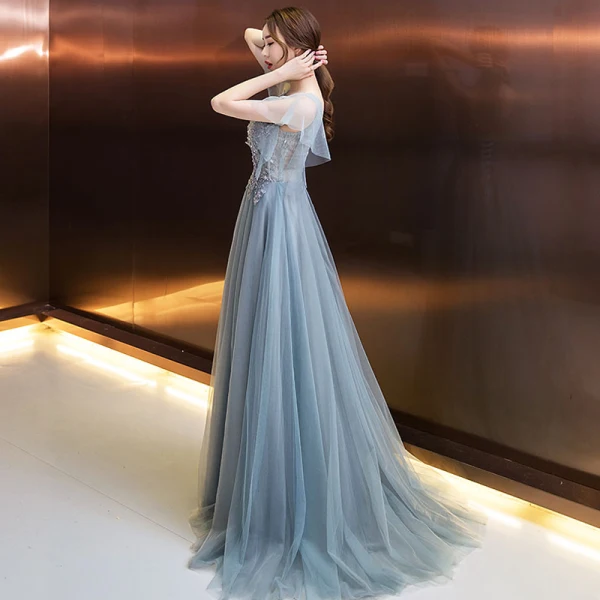 Elegant Evening Dresses 2018 A-Line / Princess Appliques Beading Crystal Pearl V-Neck Backless Short Sleeve Floor-Length / Long