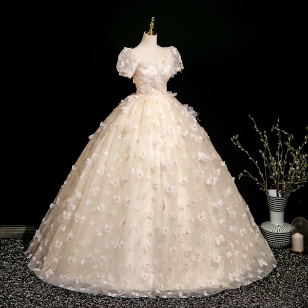 Chic / Beautiful Champagne Butterfly Appliques Beading Sequins Prom Dresses 2025 Ball Gown Square Neckline Puffy Short Sleeve Backless Floor-Length / Long Prom Formal Dresses