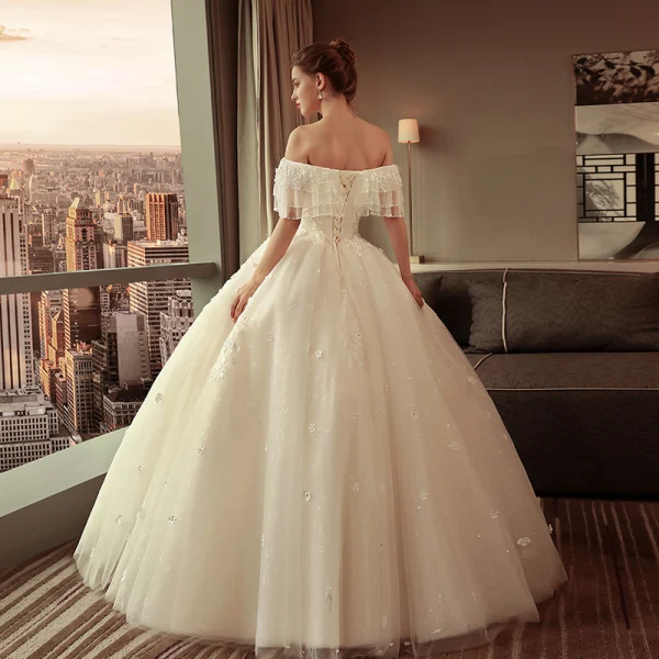 Elegant Champagne Wedding Dresses 2018 Ball Gown Lace Appliques Beading Pearl Sequins Off-The-Shoulder Sleeveless Backless Floor-Length / Long Wedding