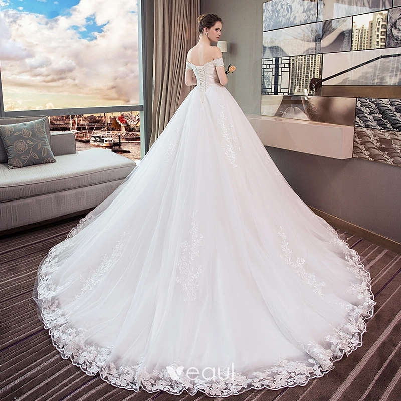 Chic / Beautiful White Wedding Dresses 2018 Ball Gown Lace Appliques ...