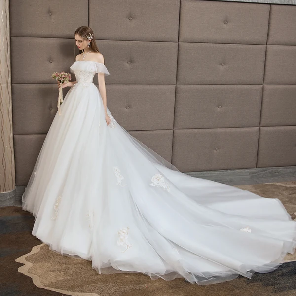 Elegant Ivory Wedding Dresses 2018 A-Line / Princess Lace Appliques Off-The-Shoulder Backless Sleeveless Cathedral Train Wedding