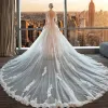 Modern / Fashion Pearl Pink Wedding Dresses 2018 A-Line / Princess Appliques Lace Scoop Neck Backless 1/2 Sleeves Cathedral Train Wedding