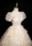 Chic / Beautiful Champagne Butterfly Appliques Beading Sequins Prom Dresses 2025 Ball Gown Square Neckline Puffy Short Sleeve Backless Floor-Length / Long Prom Formal Dresses