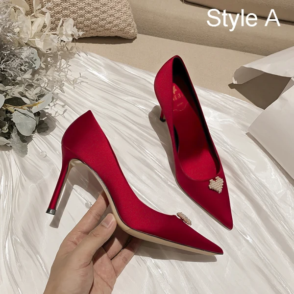 Chinese style Red Pearl Wedding Shoes 2021 Leather 9 cm Stiletto Heels Pointed Toe Wedding Pumps High Heels