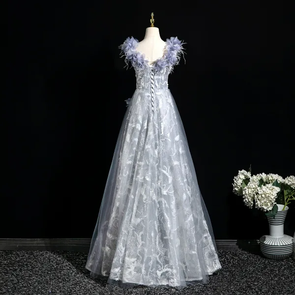 Elegante Himmelblau Perlenstickerei Applikationen Strass Pailletten Ballkleider 2025 A Linie Eckiger Ausschnitt Ärmellos Rückenfreies Lange Ball Festliche Kleider
