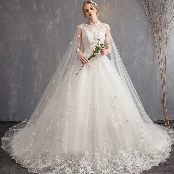 Charming White Wedding Dresses 2018 Ball Gown Lace Appliques Beading Crystal Pearl High Neck Sleeveless Backless Watteau Train Wedding