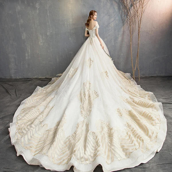Luxury / Gorgeous Champagne Wedding Dresses 2018 A-Line / Princess Lace Beading Crystal Sequins Off-The-Shoulder Backless Sleeveless Royal Train Wedding