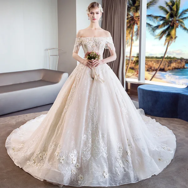 Luxury / Gorgeous Champagne Wedding Dresses 2018 Ball Gown Appliques Lace Beading Tassel Crystal Pearl Rhinestone Sequins Off-The-Shoulder Backless Sleeveless Royal Train Wedding
