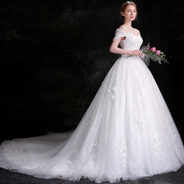 Chic / Beautiful White Wedding Dresses 2018 Ball Gown Lace Flower Rhinestone Organza Off-The-Shoulder Backless Sleeveless Cathedral Train Wedding