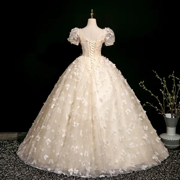 Chic / Beautiful Champagne Butterfly Appliques Beading Sequins Prom Dresses 2025 Ball Gown Square Neckline Puffy Short Sleeve Backless Floor-Length / Long Prom Formal Dresses