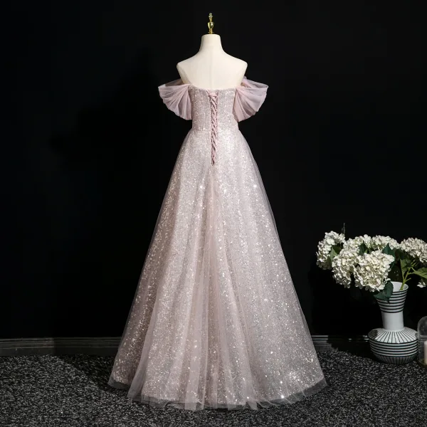 Glitzernden Rosa Applikationen Perle Pailletten Ballkleider 2025 Ballkleid Off Shoulder Kurze Ärmel Rückenfreies Lange Ball Festliche Kleider