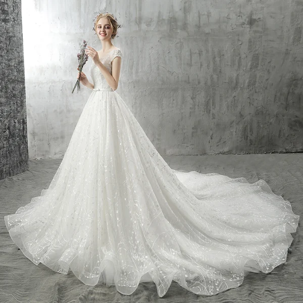 Modern / Fashion White Wedding Dresses 2018 A-Line / Princess Bow Beading Crystal Pearl Sequins Scoop Neck Backless Cap Sleeves Cathedral Train Wedding