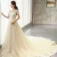 Luxury / Gorgeous Champagne Wedding Dresses 2018 A-Line / Princess Beading Tassel Appliques Lace Scoop Neck Backless Short Sleeve Cathedral Train Wedding