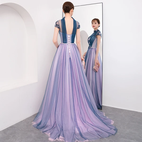 Modern / Fashion Lavender Evening Dresses 2018 A-Line / Princess Appliques Beading Crystal Bow High Neck Backless Short Sleeve Sweep Train Formal Dresses