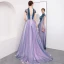 Modern / Fashion Lavender Evening Dresses  2018 A-Line / Princess Appliques Beading Crystal Bow High Neck Backless Short Sleeve Sweep Train Formal Dresses