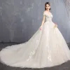 Elegant Champagne Wedding Dresses 2018 Ball Gown Appliques Lace Off-The-Shoulder Backless Sleeveless Chapel Train Wedding