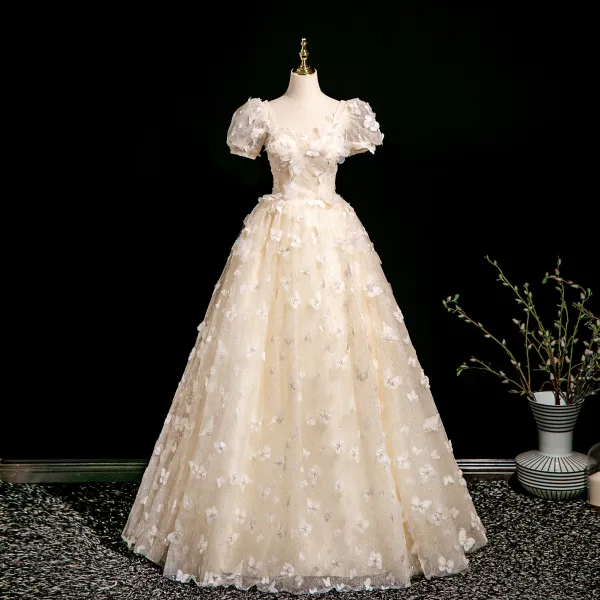 Chic / Beautiful Champagne Butterfly Appliques Beading Sequins Prom Dresses 2025 Ball Gown Square Neckline Puffy Short Sleeve Backless Floor-Length / Long Prom Formal Dresses