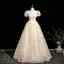 Chic / Beautiful Champagne Butterfly Appliques Beading Sequins Prom Dresses 2025 Ball Gown Square Neckline Puffy Short Sleeve Backless Floor-Length / Long Prom Formal Dresses