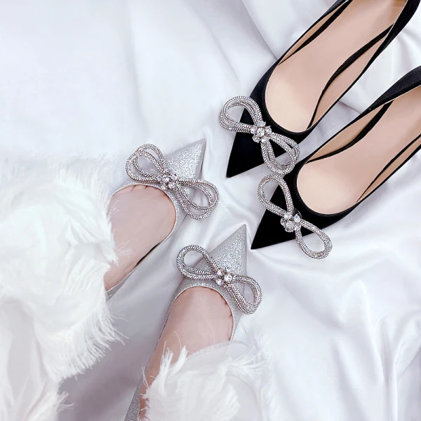 Charmant Schwarz Abend Pumps 2021 Leder Strass Schleife 8 cm Stilettos Spitzschuh Pumps Hochhackige