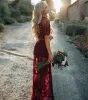 Sexy Burgundy Maxi Dresses 2018 Trumpet / Mermaid Lace Metal Sash V-Neck Zipper Up at Side Short Sleeve Floor-Length / Long Casual Women's Clothing