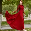 Chic / Beautiful Burgundy Casual Maxi Dresses 2018 A-Line / Princess Lace Scoop Neck Long Sleeve Floor-Length / Long Womens Clothing
