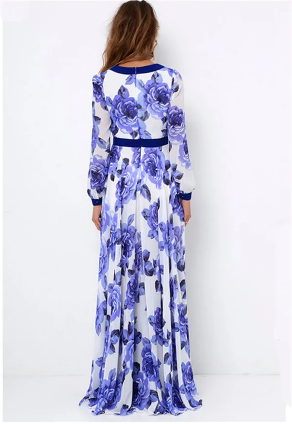 Modern / Fashion Ocean Blue Maxi Dresses 2018 A-Line / Princess Printing V-Neck Long Sleeve Floor-Length / Long Womens Clothing