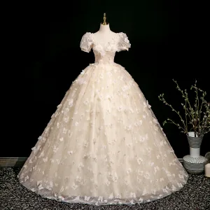 Chic Beautiful Champagne Butterfly Appliques Beading Sequins Prom Dresses 2025 Ball Gown Square Neckline Puffy Short Sleeve Backless Floor Length Long Prom Formal Dresses